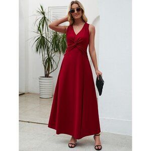Women Burgundy Sleeveless V Neck Formal A-line Midi Cocktail Dress With Flutter
